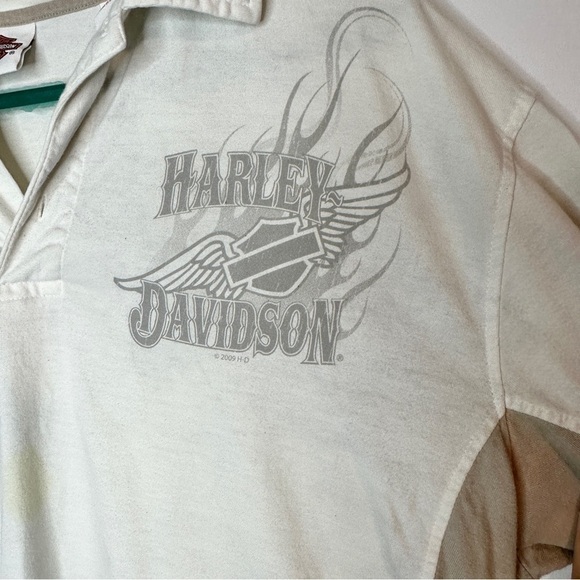 Harley Davidson Thrashed Collared Biker Motorcycle Shirt Cream Tan Logo Large - Picture 6 of 9